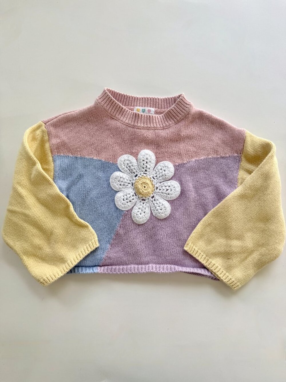 Ghanda Girls Pastel Colorblock Daisy Knit Sweater Sz 3-4 Crochet Flower